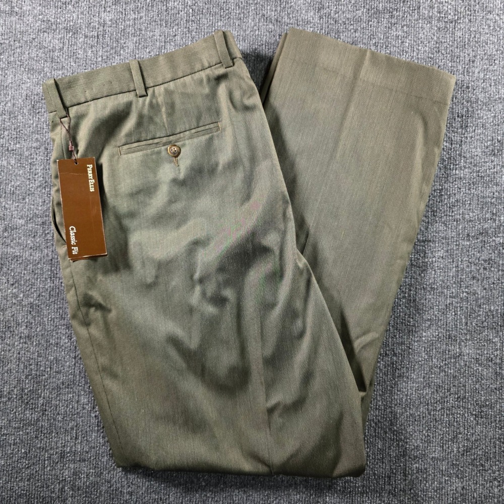 NWT Perry Ellis Classic Mens Dress Pants 40x32 Olive Green Flat Front Trousers